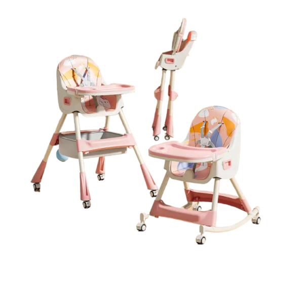 ebé sentado en una silla de comer 2 en 1 con bandeja ajustable y diseño plegable. Materiales resistentes, estructura segura y fácil de limpiar. Ideal para comidas y actividades lúdicas en casa o viajes.